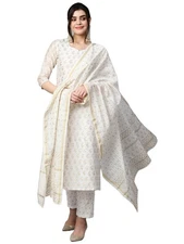 GoSriKi Women's Chanderi Cotton Straight Printed Kurta with Pant & Dupatta