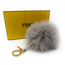 Fendi Pom Pom Bag Charm Gray Fox Fur Leather Gold Keyring Logo Box Tag Authentic