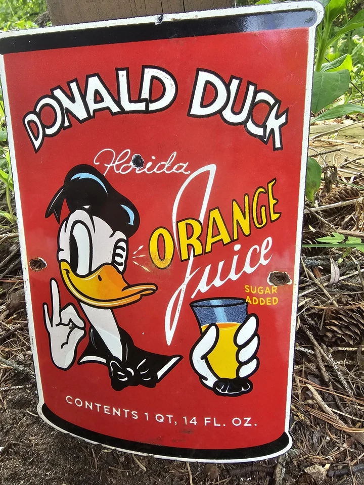 1950'S VINTAGE DONALD DUCK ORANGE JUICE OIL GASOLINE SODA POP PORCELAIN SIGN - Image 3 of 4