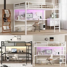 Metal Queen Size Loft Bed with LED Lighted & Stairs & L-Shaped Desk Kids Bedroom