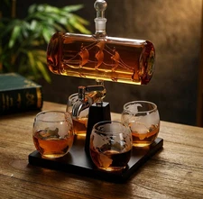 Whiskey Decanter Ship Set w/ 4 Glasses & Stand For Liquor Bourbon Scotch Gift
