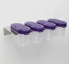 Tupperware 4x Gewürzzwerge Gewürzdosen lila mit Gewürzregal Edelstahl Halterung