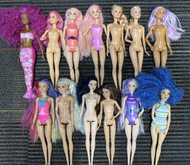 Barbie Colored Hair Lot Of 13 Dolls Various Years Mermaid Beach Etc