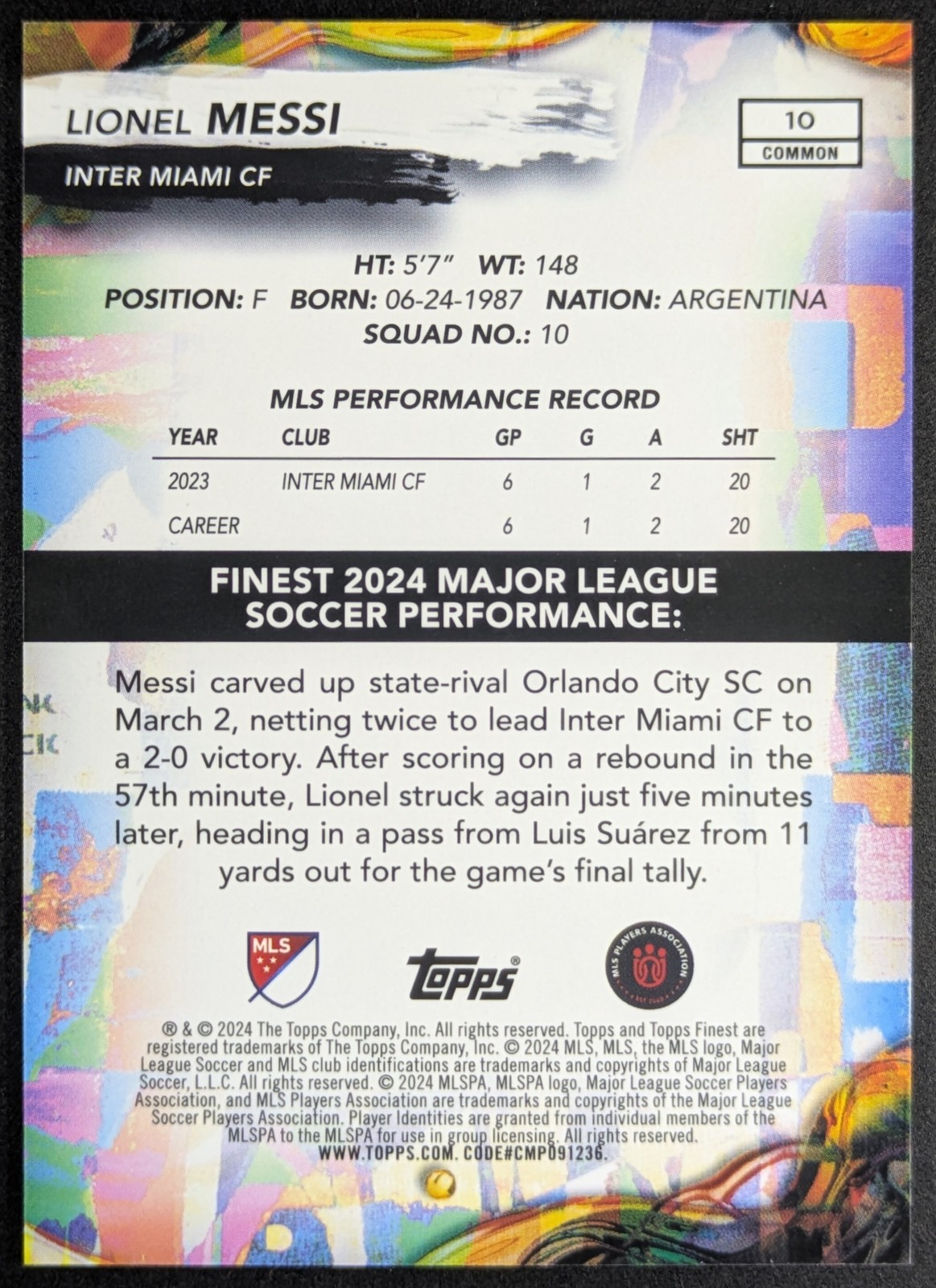 2024-25 Topps Finest MLS LIONEL MESSI 11/25 Common Black Refractor Inter #10 view 2
