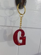 Initial New Letter Cursive G Resin Red W Sparkle Key Chain