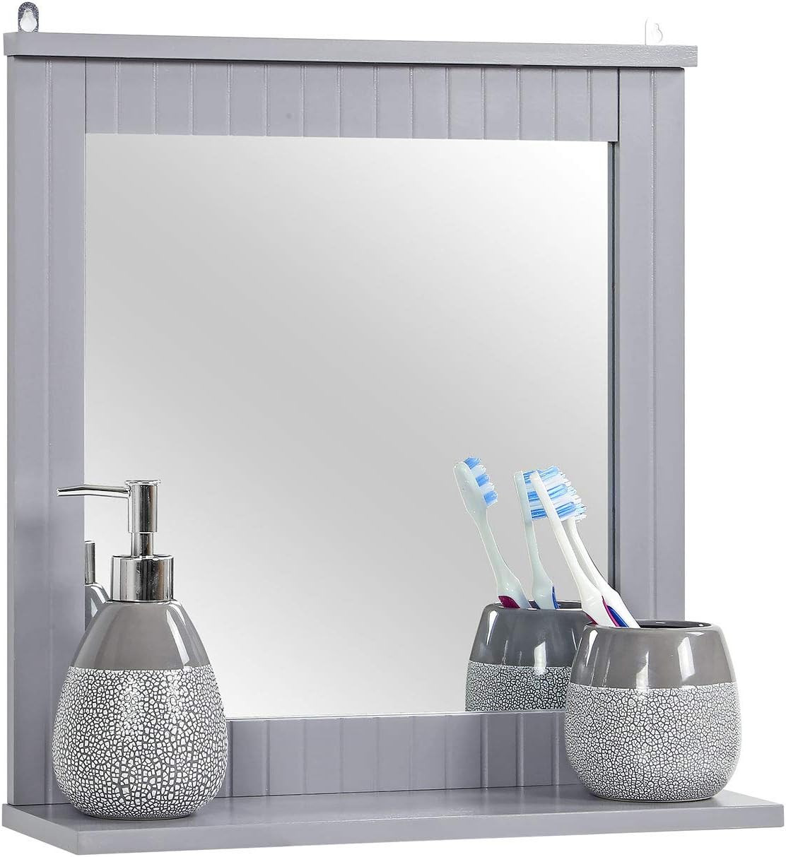 Wood Framed Wall-Mounted Mirror, Bathroom Mirror with Shelf, Hanging Vanity Mirr