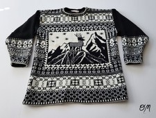 Vtg 90s SML Sport Nordic Stag Mountain Black and White Crewneck Knit Sweater - L