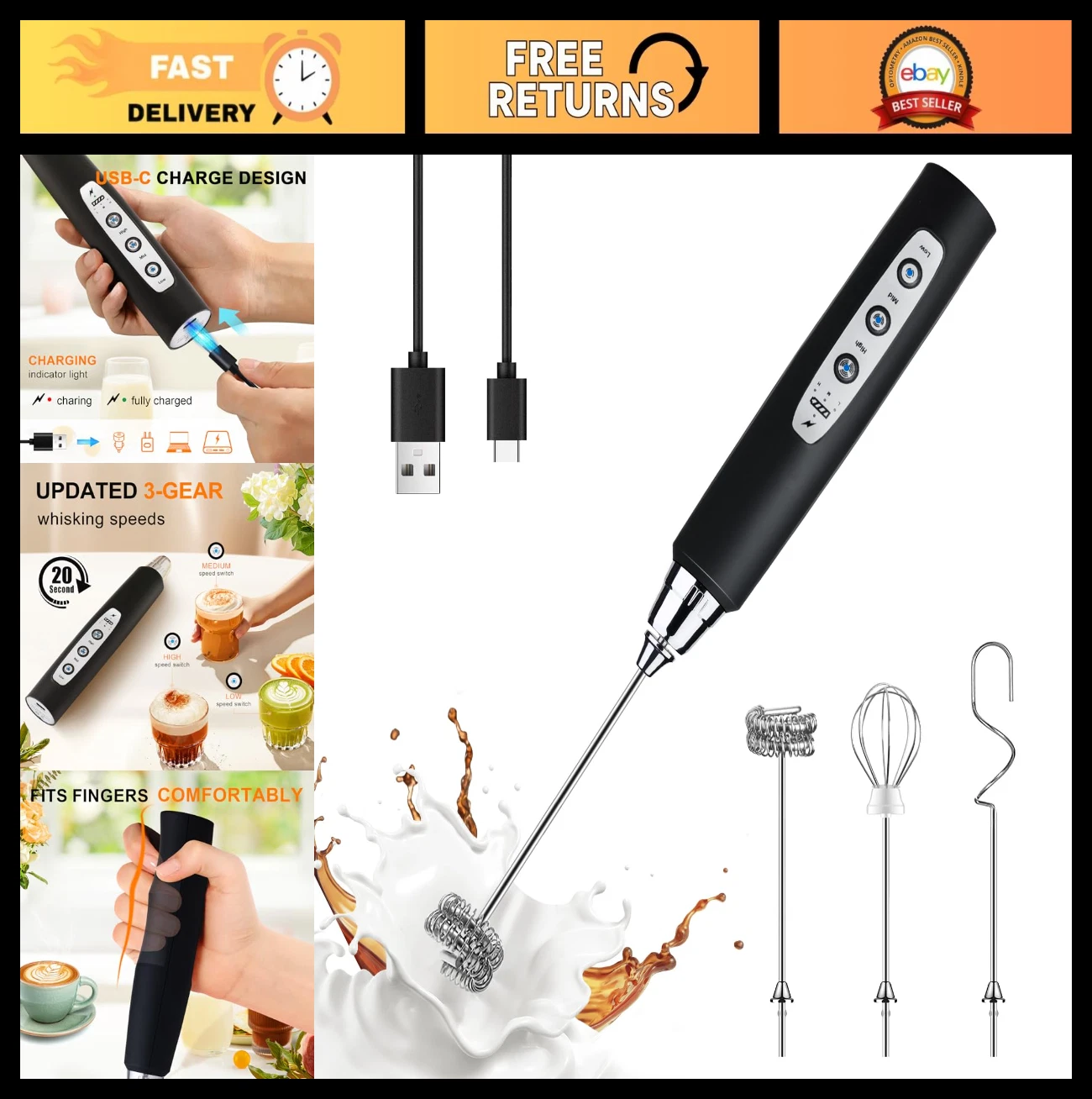 Rechargeable Handheld Milk Frother Wand - Electric Whisk with 3 Speeds & Heads f