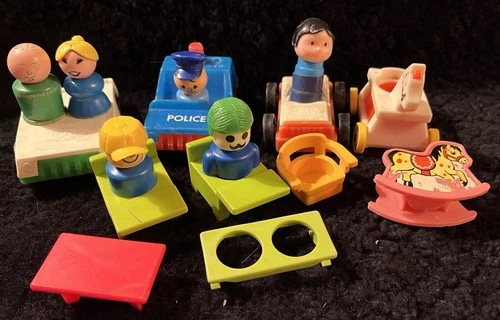 Vintage Fisher Price Little People Lot Car Mom Dad Wood Plastic Police Desk
