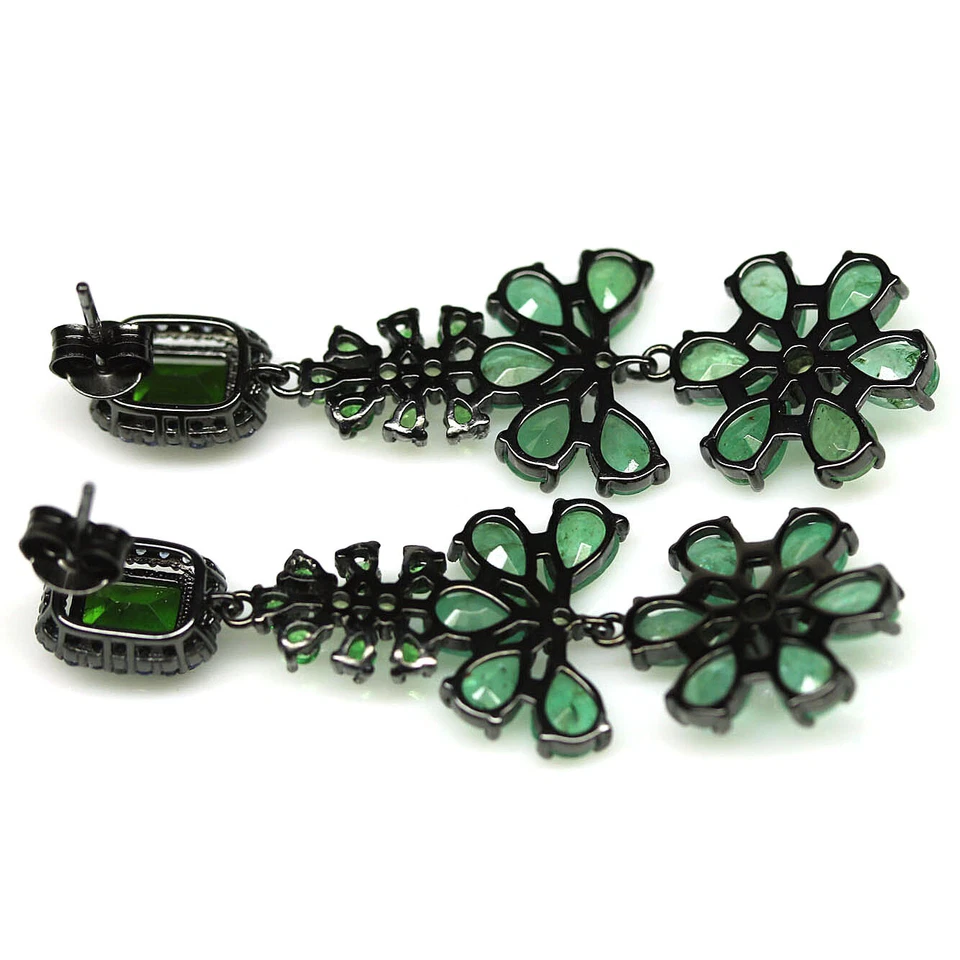 925 Sterling Silver Green Emerald, Diopside, Tsavotite & Sapphire Earrings - Image 3 of 4