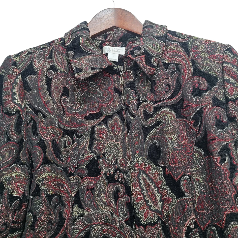 Christopher & Banks Mujer Talla L Cremallera Manga Larga Chaqueta Tapiz Paisley Foto 2 de 4