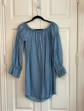 Boutique 1250 Tencel  Chambray Tunic Dress Women Size  Medium Polka Dot Bow neck