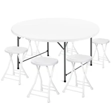 Folding Dining Set[TABLE+6 CHAIRS SET]5ft Patio Portable Round Desk Picnic Stool