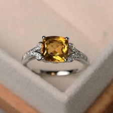 14K White Gold Finish 2Ct Cushion Cut Yellow Citrine Special Occasion Women Ring