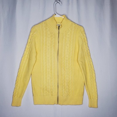 LL Bean Cable Knit Cardigan Women Medium Mock Neck Zip Yellow Fisherman Classic 