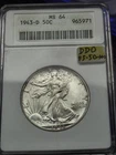 1943-D Walking Liberty Half Dollar 50C Doubled Die Obverse ANACS MS64