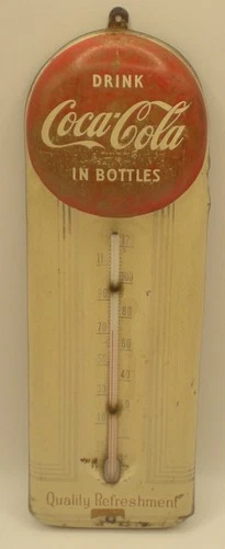 Vintage Coca Cola Coke Metal Button Thermometer Sign Coke 1950’s