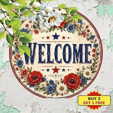 July 4th Welcome Sign Patriotic US Flag Porch Round Metal Wall Decor 8x8