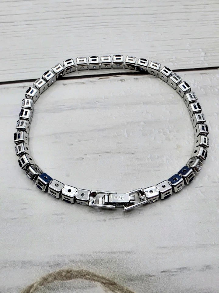 Bracelet Tennis Argent 925 et Zirconiums Bleu -  Femme / Homme Taille 18cm  - Photo 3/3