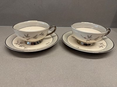 2 Syracuse China Harmony Tea Cups and Saucers Platinum Trim Leaves Berries