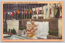 Linen Era Prometheus Fountain Rockefeller Center New York Postcard