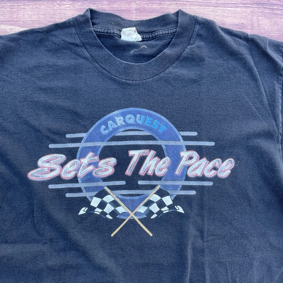 Vintage Carquest Sets the Pace Black Faded T-Shirt Size L 90s Auto Parts Nascar - Image 2 of 4