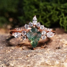 14K Rose Gold Marquise, Kite Cut Green Moss Agate Engagement Stackable Ring