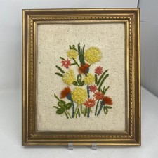 Vintage Yellow & Orange Flowers Crewel Embroidered Wall Hanging Framed Picture