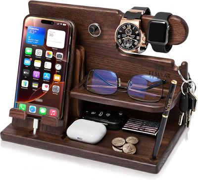 Wood Phone Docking Station for Men - Desk or Nightstand Organizer - Birthday Gif