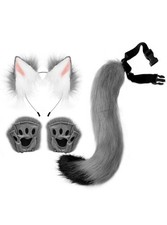 NEW Faux Fur Fox Wolf Ears Headband Furry Long Tail Cosplay Halloween Costume
