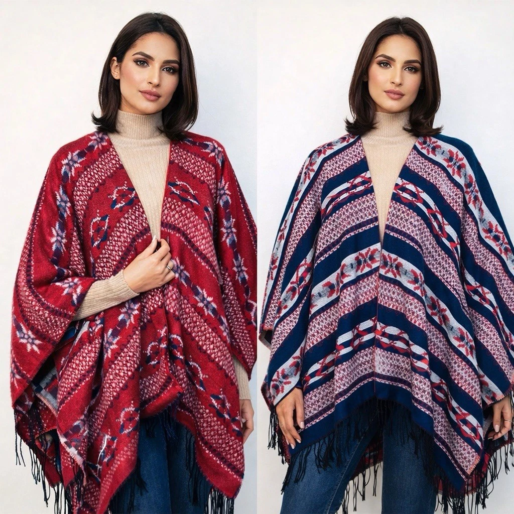 Reversible Lebanese Cape Poncho Boho Fringe Wrap Shawl Red Blue Cozy One Size