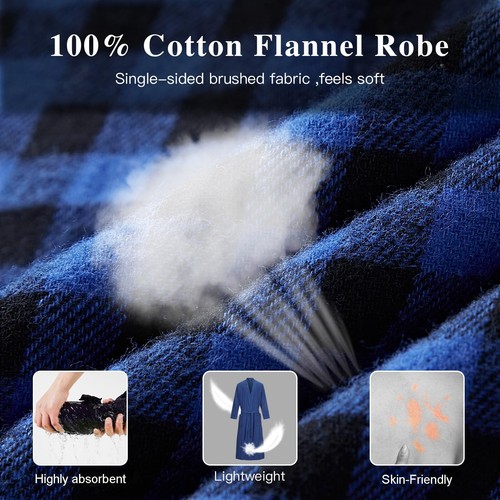 Mens Plaid 100%Cotton Flannel Shawl Collar FullLength Robe S-M Black/Blue - Picture 6 of 6