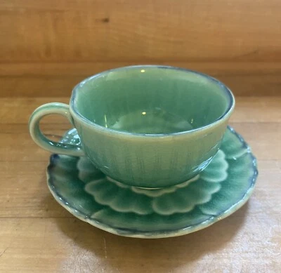 Vintage Pottery Barn Lotus Flower Tea Cup and Saucer Glazed Teal Blue Never Used