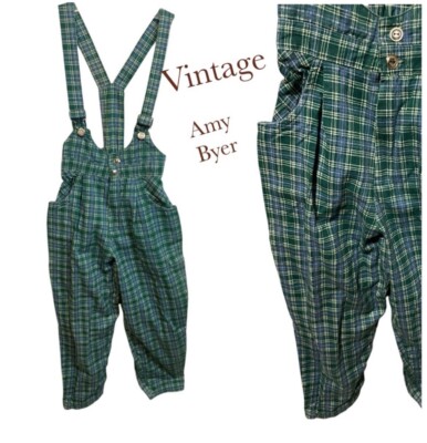 Amy Byer Vintage plaid overalls Green Blue girl s size 8-10 Zip button front USA