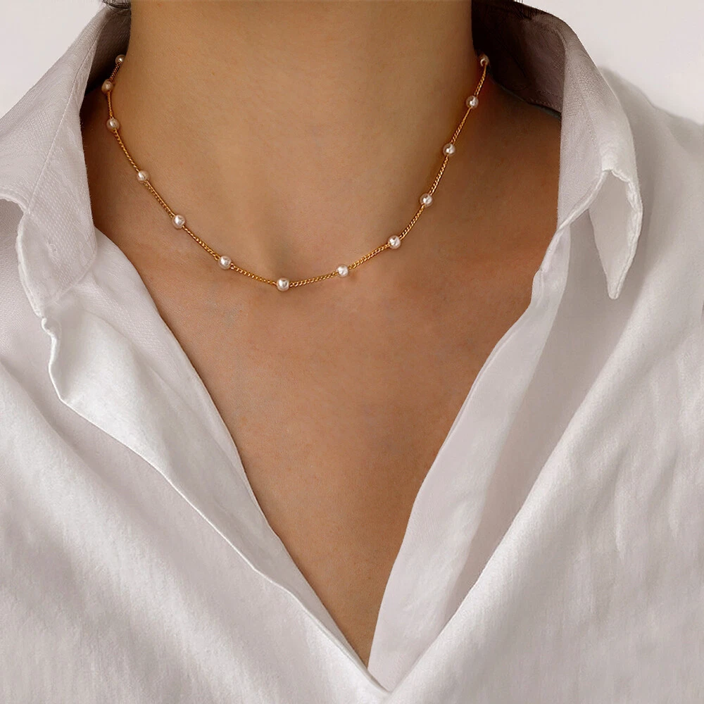 Dainty Pearl Necklace Choker June Birthstone Necklace Bracelet in Gold Women