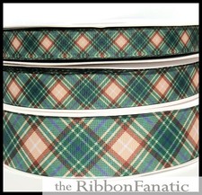 3 yds 5/8" or 7/8" or 1.5" Brown Hunter Green Cream Plaid Grosgrain Ribbon