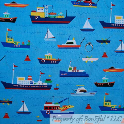 BonEful FABRIC FQ Cotton Quilt Blue White Water Ship Sail Boat Ferry Car Scenic - Picture 1 of 12