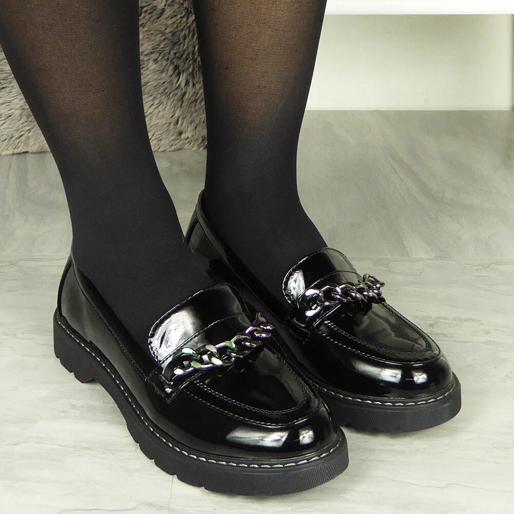Back To School Shoes Girls Ladies Work Black Chain Slip On Grip Womens Shoe Size
