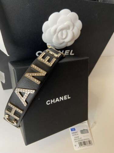 RARE Authentic CHANEL Logo Leather Cuff Bracelet With Strass Crystals - 19P - Picture 3 of 6