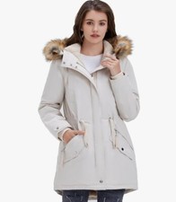 Royal Matrix Women's Winter Coat Fleece Lined Parka Hooded Coat Off White Size 6