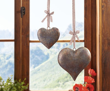 Deko Hänger Herzen Metall Gold Kupfertöne Landhaus Kariertes Band 2 Stück im Set