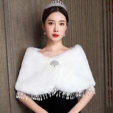 Ladies Bridal Fringe Faux Cape Shawl Wrap Shrug Rhinestone Wedding Elegant