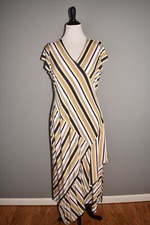 DU JOUR NEW $54 Striped Wrap Knit Midi Dress in Light Olive Multi Large
