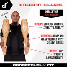 Indian Clubs - Pair of Traditional Wooden Clubbells - Shoulder & Grip Strength