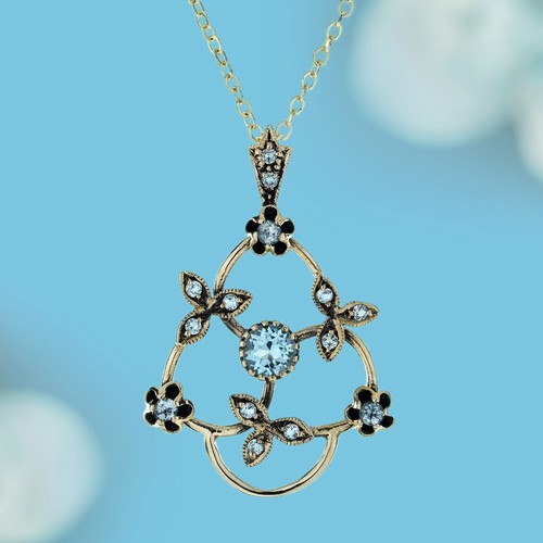 Anhänger 9 Karat Gelbgold Blautopas Vintage Stil Floral - Bild 1 von 6