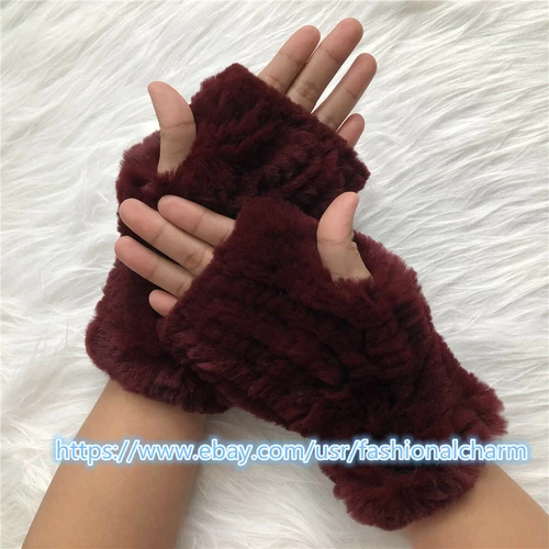 Womens Winter Real Rabbit Fur Gloves Knitted Stretch Fingerless Mitten Gloves - Picture 66 of 102