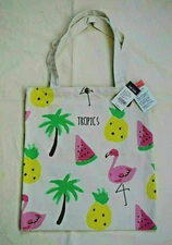 NEW Japan Reusable Tropics Flamingo & Fruits Cotton Shopping Tote Bag 15X13.5"