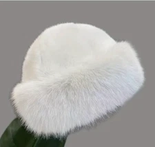 Women Faux Fake Mongolian Mink Fur Hat Cap Warm Beanie Fluffy Fur Brim WHITE