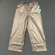 CeCe Metallic Faux Leather Pants Women Large Silver Smoke C331884Y Wide Leg High