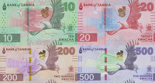 Zambia 10 20 200 500 Kwacha 2024 2025 P Nuova Emissione Prefisso AA UNC Set 4 pz - Foto 1 di 4